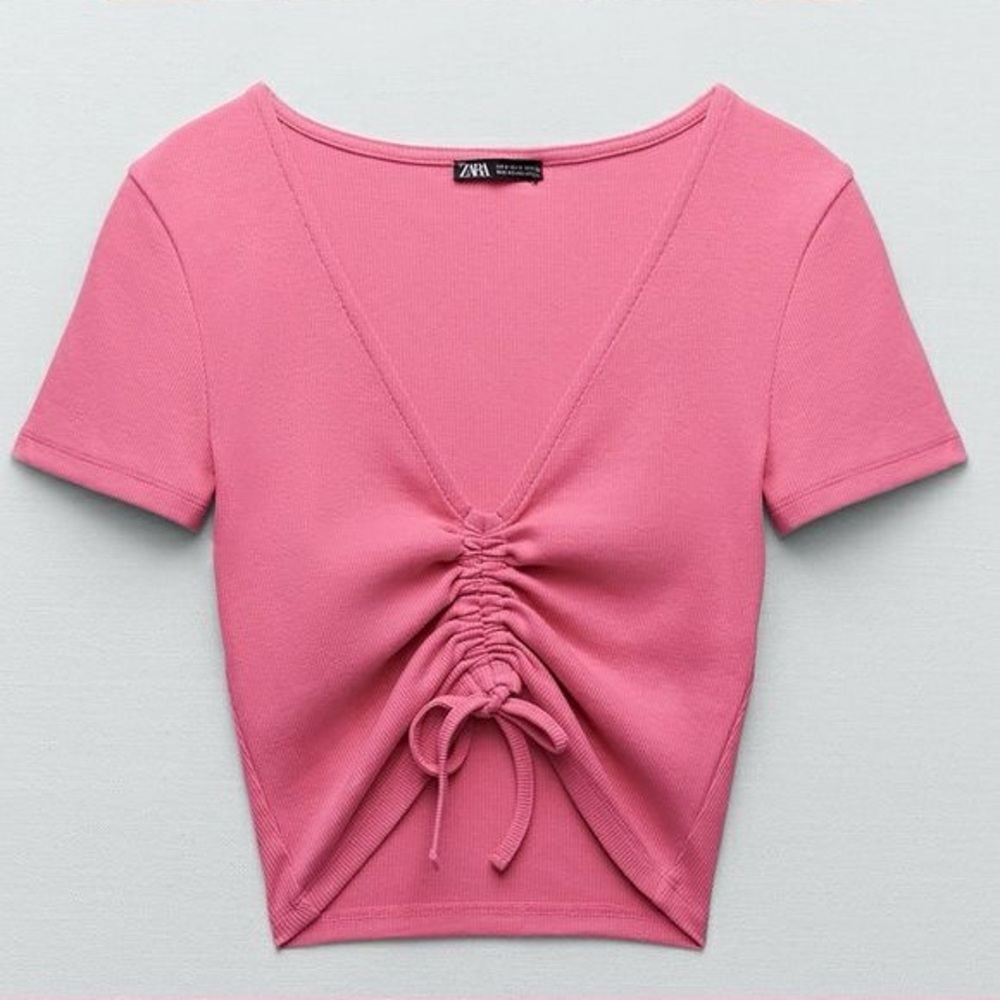 Zara Ruched Pink V-Neck Crop Top